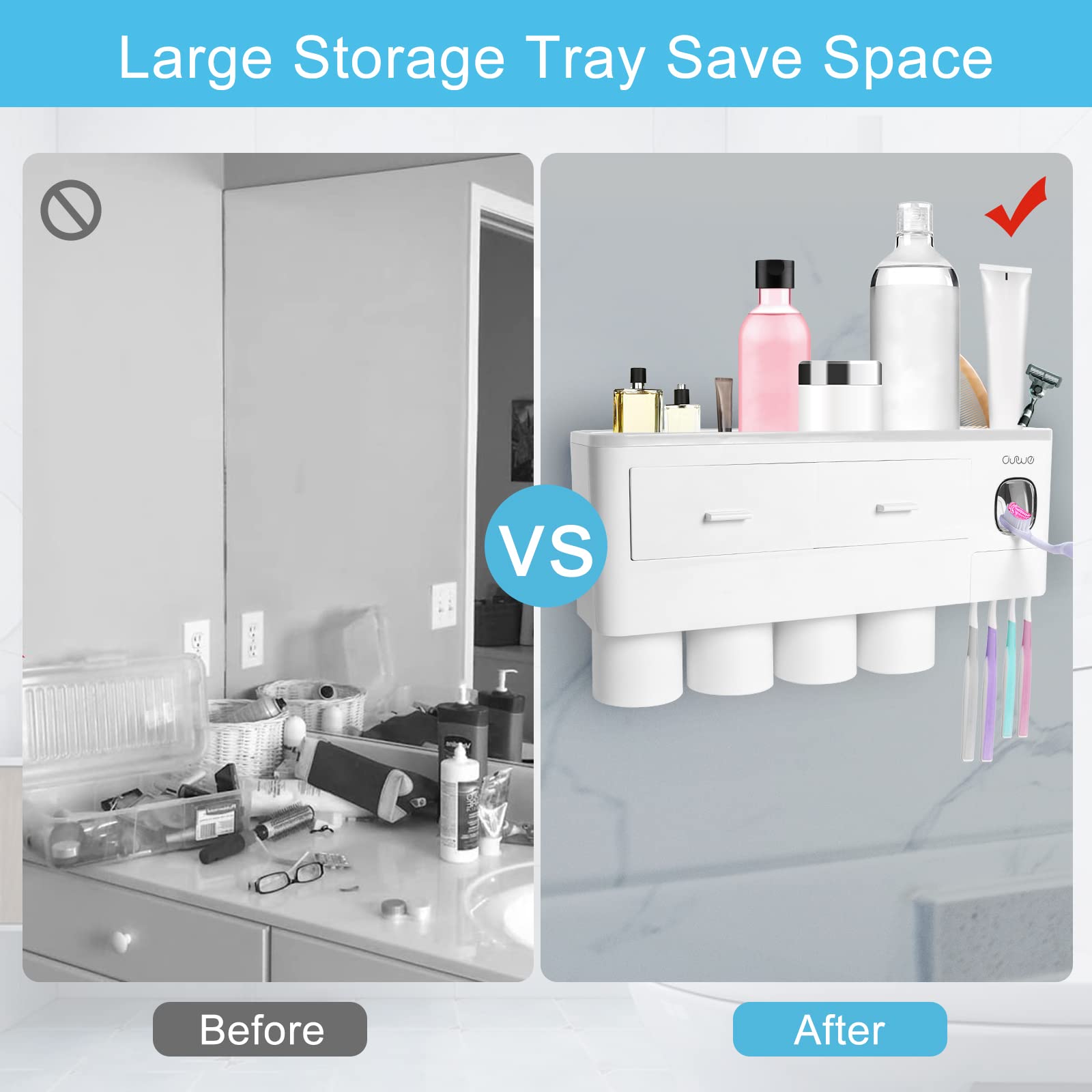 SKY-TOUCH Toothbrush Holders,Toothbrush Rack,Wall Mounted Multifunctional Space-Saving Toothbrush and Toothpaste Holder with Automatic Toothpaste Dispenser,for Washroom and Bathroom,4 Cups