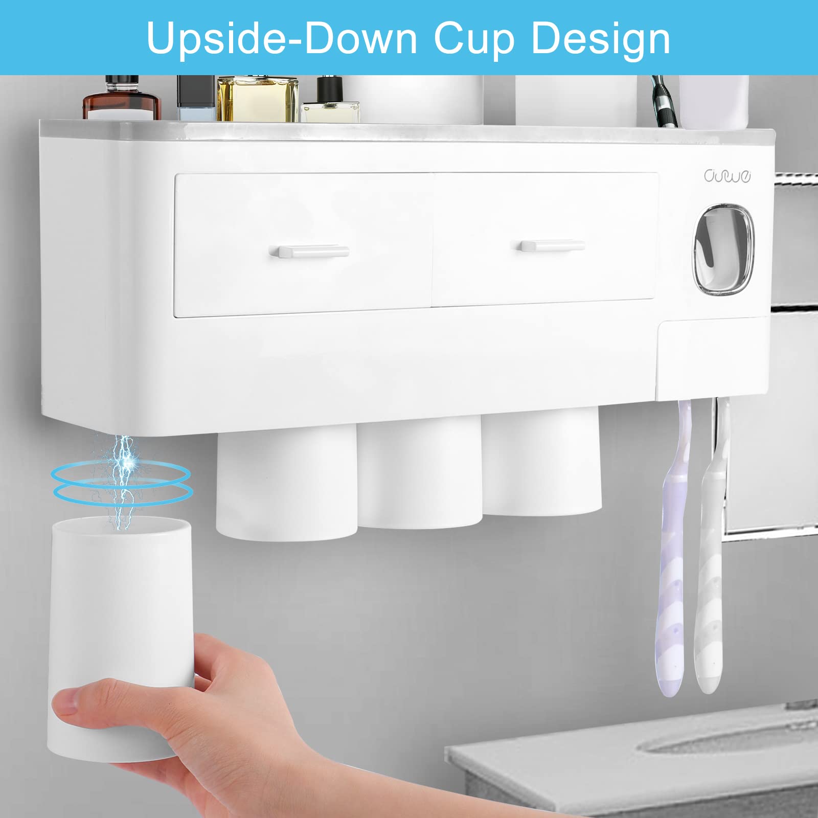 SKY-TOUCH Toothbrush Holders,Toothbrush Rack,Wall Mounted Multifunctional Space-Saving Toothbrush and Toothpaste Holder with Automatic Toothpaste Dispenser,for Washroom and Bathroom,4 Cups