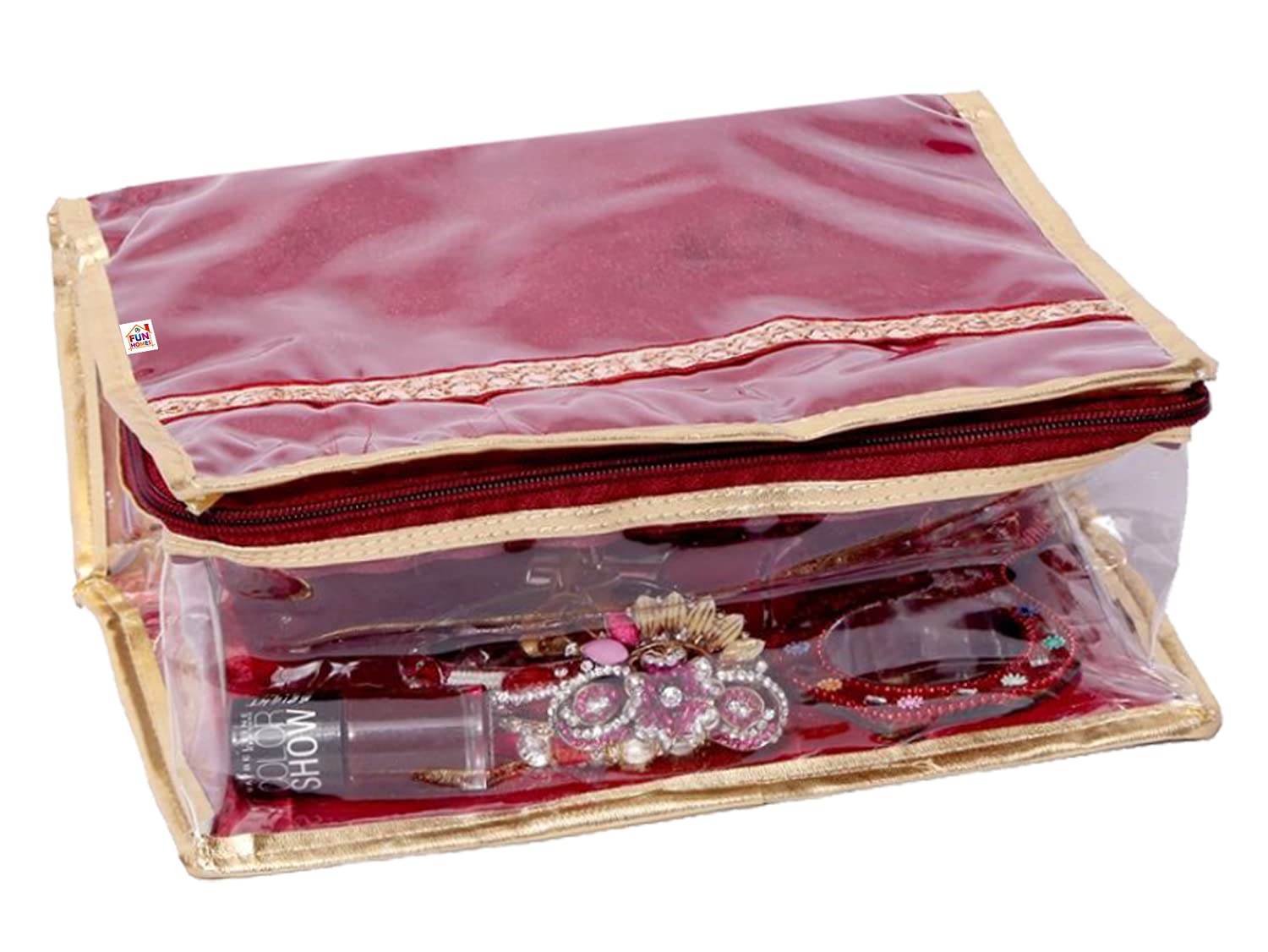 Fun Homes Laminated Jewellery Box/Organizer For Travel with Golden Border (Maroon)-HS_38_FUNH21034