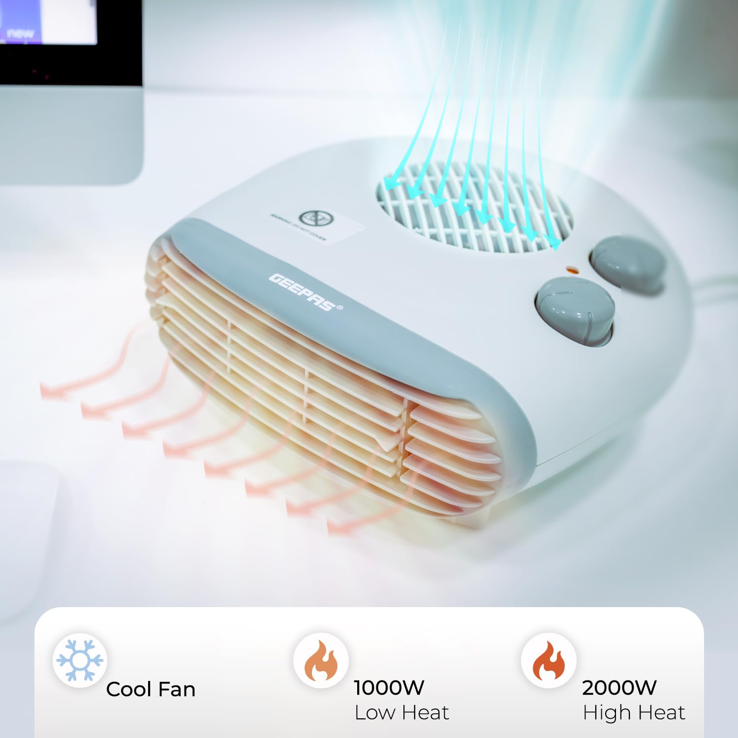 Geepas Portable Flat Fan Heater – Upright or Flatbed, Adjustable Thermostat with 2 Heat Settings 1000-2000W & Overheat Protection - Lightweight Heater with Cool, Warm & Hot Wind