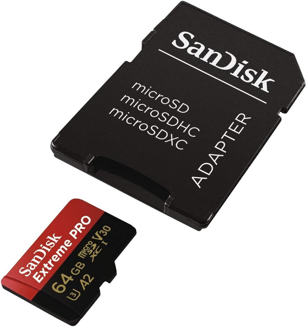 Sandisk Extreme Pro 64 GB Microsdxc Memory Card + Sd Adapter With A2 App Performance Up To 170 Mb/S, Class 10, U3, V30 (Sdsqxcy-064G-Gn6Ma)