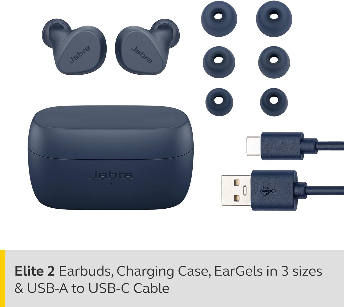 Jabra Elite 2 In Ear Wireless Bluetooth Earbuds – Noise Isolating True Wireless Buds With 2 Built-In Microphones, Rich Bass, Customizable Sound Navy