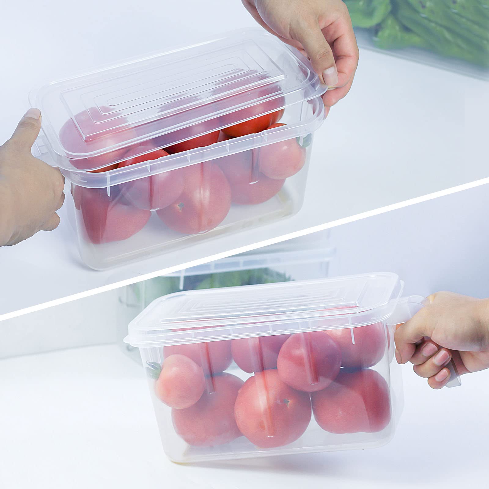 SKY-TOUCH 6pcs Refrigerator Organizer, Stackable Plastic Kitchen Food Storage Containers with Lids and Handle for Fruits Vegetables, Freezer Safe Boxes, Transparent