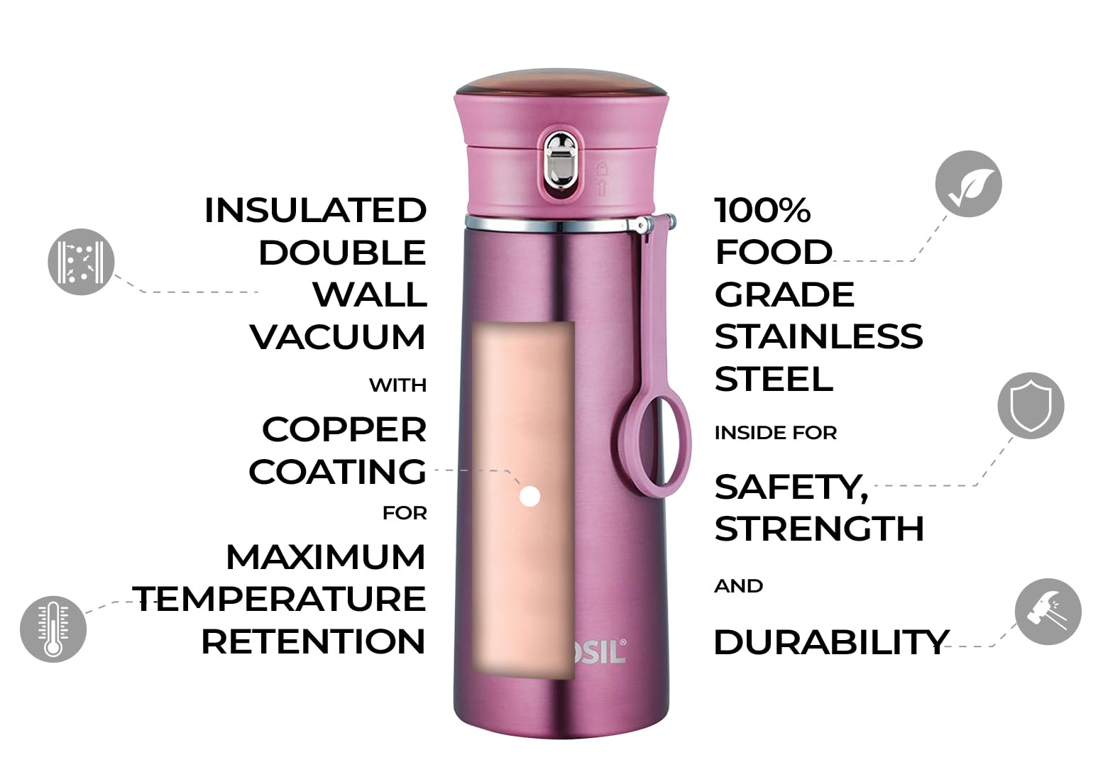 BOROSIL Double Wall Copper Coated Inner Vacuum Insulated Travelease Flask |Water Bottle|Thermos|Sports Bottle|Yoga Bottle|Portable|Office|Outdoor|Reusable Leak Proof PURPLE, 420 ML, BT420PE102