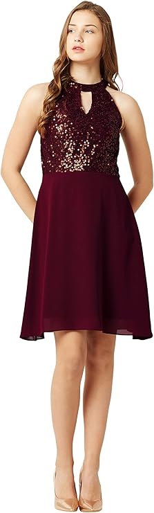 Miss Olive Women's Georgette Skater Knee-Length Dress (Moss18D10-61-184_Wine Red_XS)