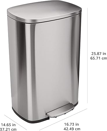 Amazon Basics Smudge Resistant Rectangular Trash Can With Soft-Close Foot Pedal, Brushed Stainless Steel, 50 Liter/13.2 Gallon, Satin Nickel Finish