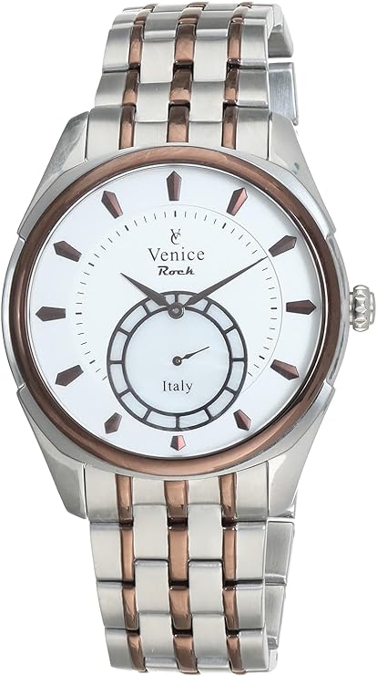 Venice SV4011-IPS-IPC-W Two-Tone Stainless Steel Round Analog Watch for Men - Silver and Brown, bracelet