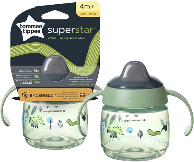 Tommee Tippee Superstar Sippee, Weaning Sippy Cup for Babies with INTELLIVALVE Leak and Shake-Proof Technology and BACSHIELD Antibacterial Technology, 4m+, 190ml, Pack of 1, Green