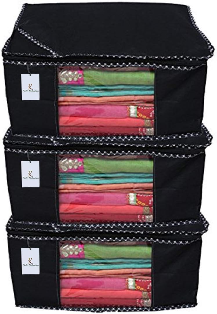 KUBER INDUSTRIES Non-Woven Saree Cover/Storage Bag - Set of 3 (Black) - 9 Inches Height & 90 GSM Fabric (NWC01)