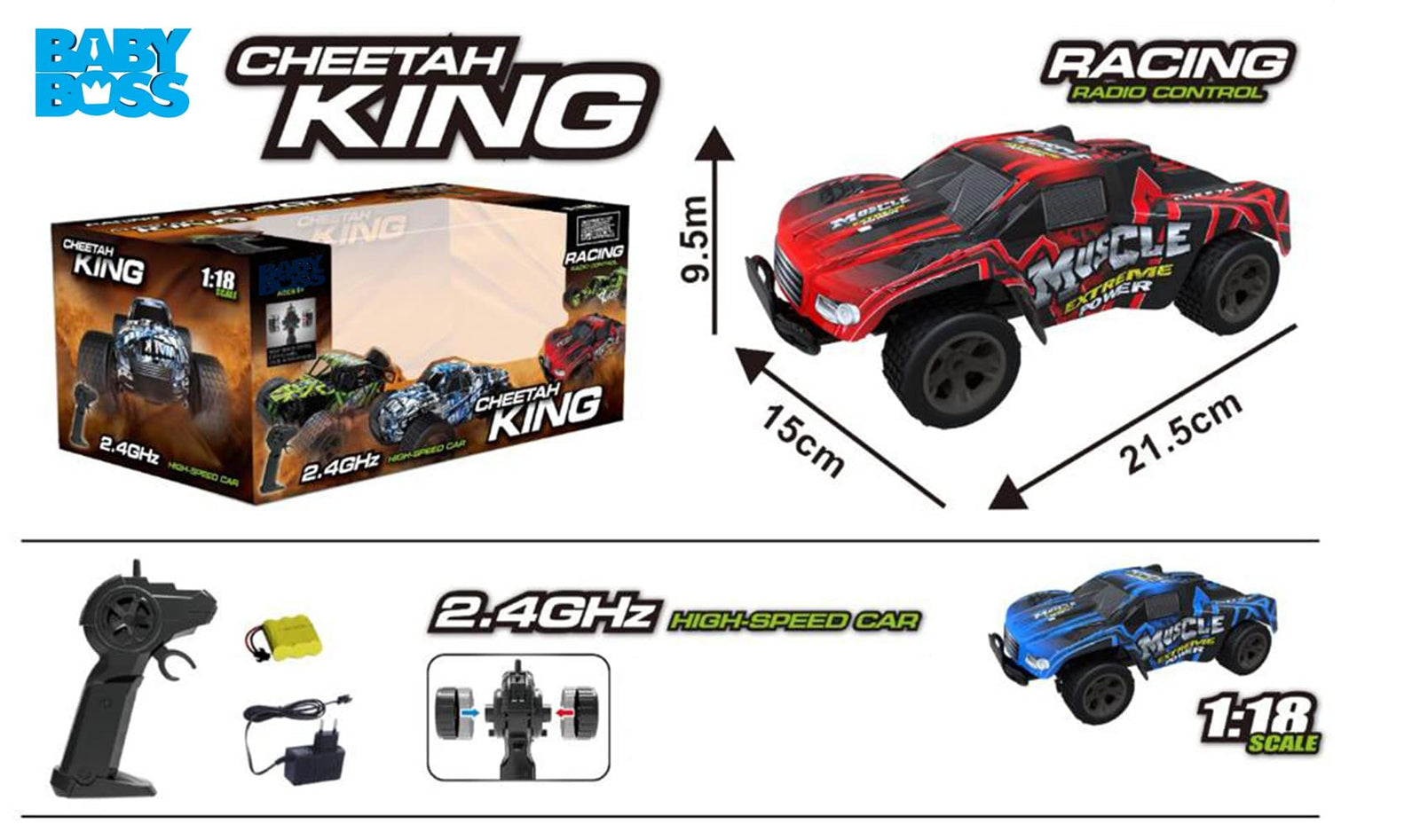 1:18 R/C CONTROLLED MUSCLE EXTREME POWER CHEETAH KING RACING CAR FOR KIDS
