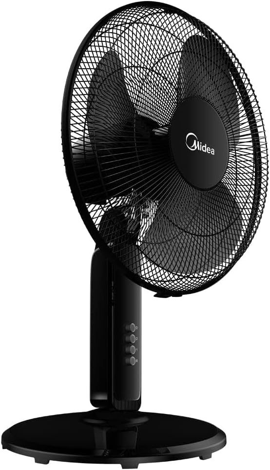 Midea Pedestal Stand Fan with SQD Motor, 16 inch, 3D Oscillation Directions, 3 Speed Levels & Adjustable Height, 3 Leaf Blade with 7.5 Hours Timer, Best for Home & Office, Black, FS4019K