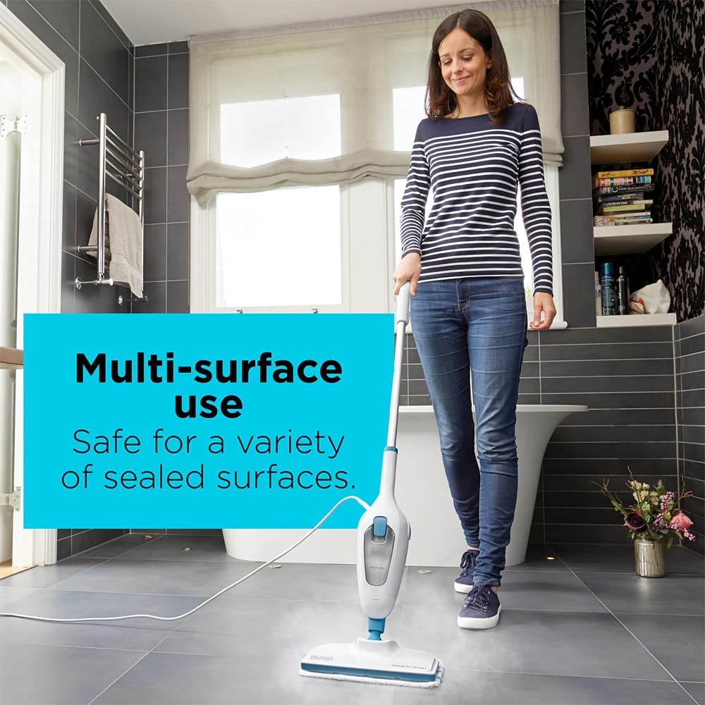 BLACK+DECKER Steam Mop, 1300W, Superheated Steam, 180° Swivel Steering, Microfiber Pad, 4m Cable, Safe on All Sealed Floors, for Home & Office, ECO Friendly, White/Blue - FSM13E1-B5