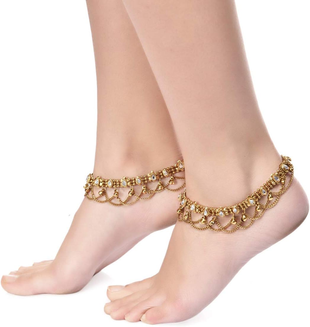 Shining Diva Non Precious Metal Gold Antique Kundan Payal Anklet for Women (6807a)