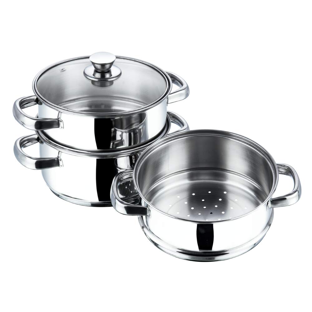 Vinod Stainless Steel Steamer 3 Tier with Glass Lid 20 cm | 2.5 mm Thick Base | Multi Purpose Momos,