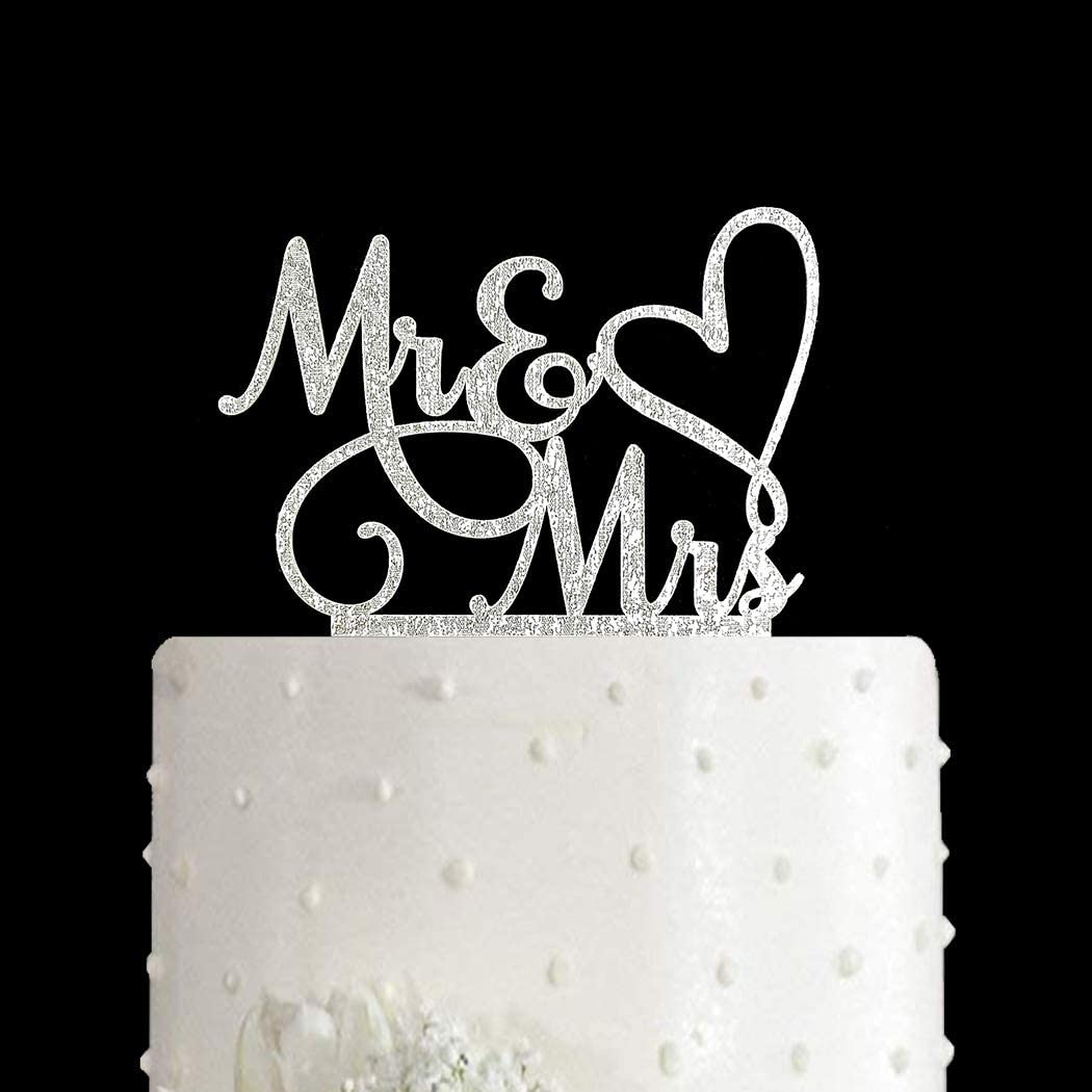 Aminery Mr and Mrs Cake Topper, Bride and Groom Sign Wedding / Engagement Cake Toppers Decoration, Silver Glitter Acrylic