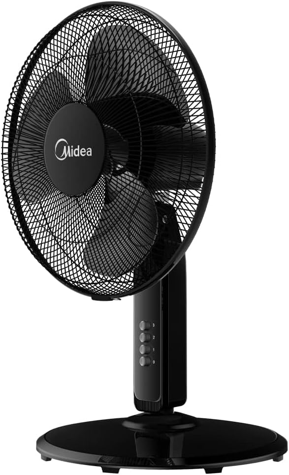 Midea Pedestal Stand Fan with SQD Motor, 16 inch, 3D Oscillation Directions, 3 Speed Levels & Adjustable Height, 3 Leaf Blade with 7.5 Hours Timer, Best for Home & Office, Black, FS4019K