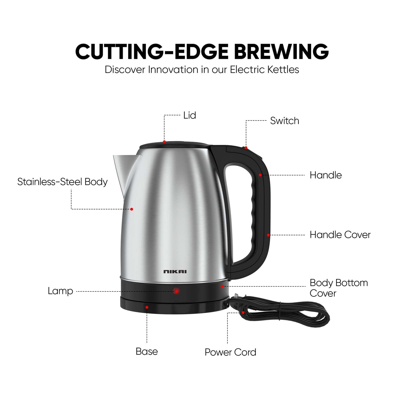 Nikai 1.7L Stainless Steel Electric Kettle, 2200W Power, Stylish & Safe Boiling, Auto Shut Off, Indicator Light, 360° Rotating Base, Timeless Design, Matt Finish, Ideal for Home & Office use - NK420A