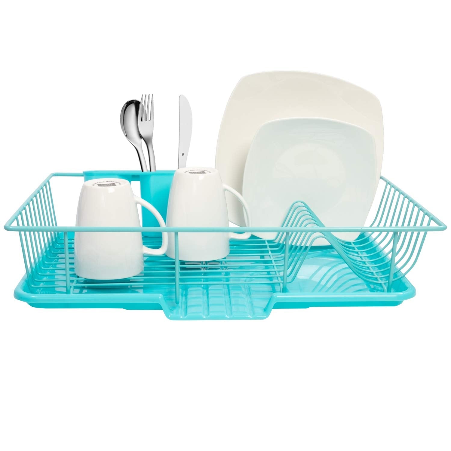 Sweet Home Collection Dish Rack Drainer 3 Piece Set with Drying Board and Utensil Holder, 17" x 12" x 5", Turquoise