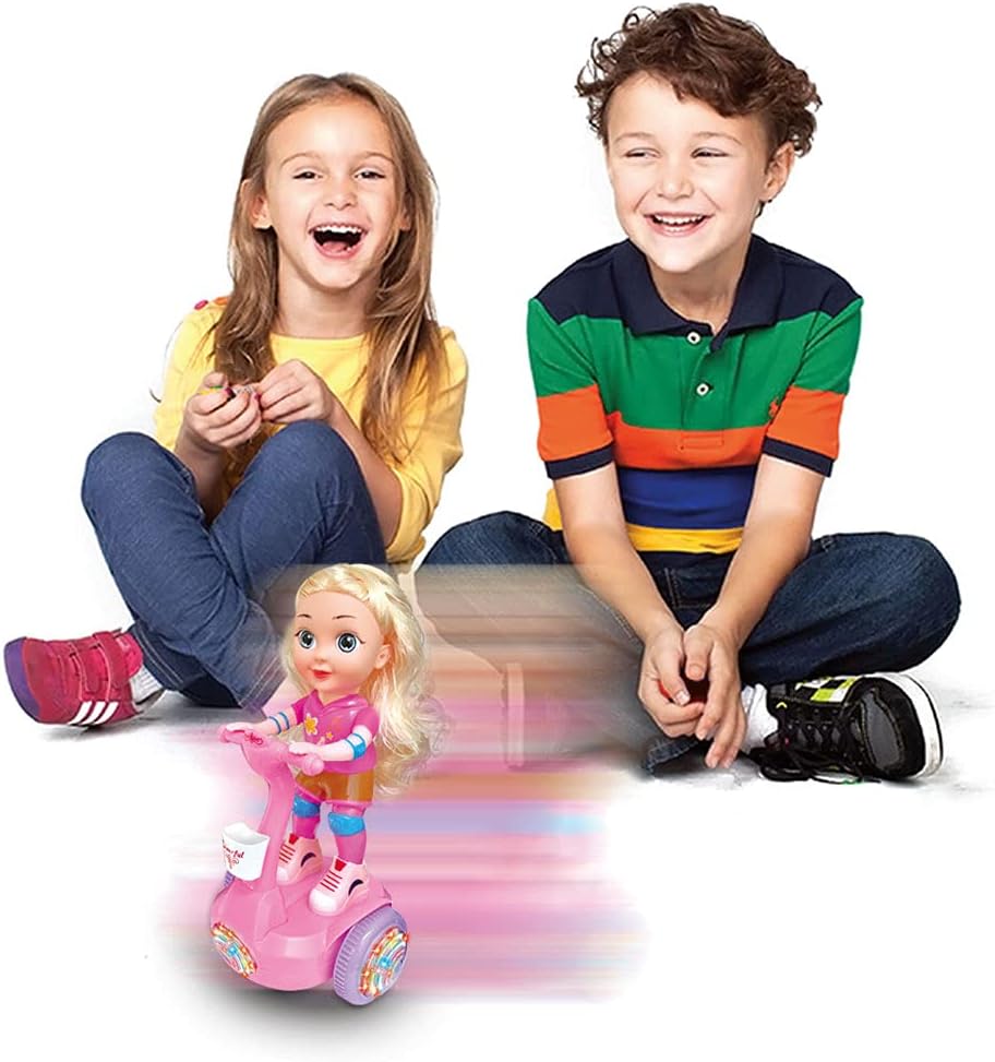 Kidwala magical cute pink doll & yellow hair riding hover balance board, lights & Music with colorful wheels light 360-degree spin doll with battery, an oblique dancing doll with music