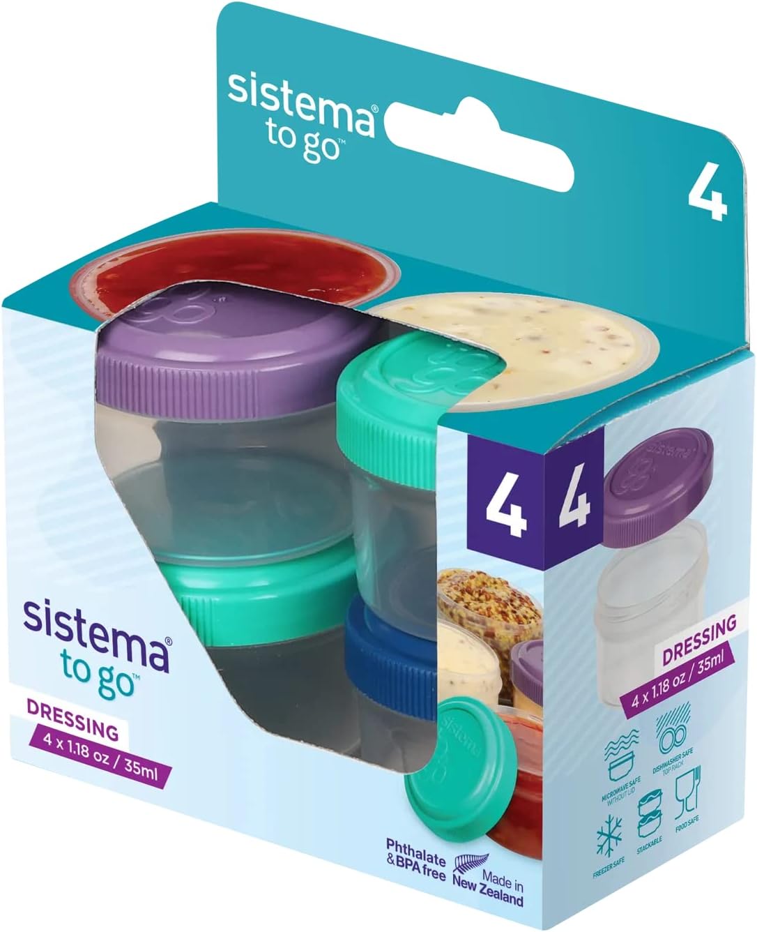 Sistema Dressing To Go Containers Set of 4, Pink, Green, Purple & Blue - H3.74 x W1.89 x D 2.79 inches