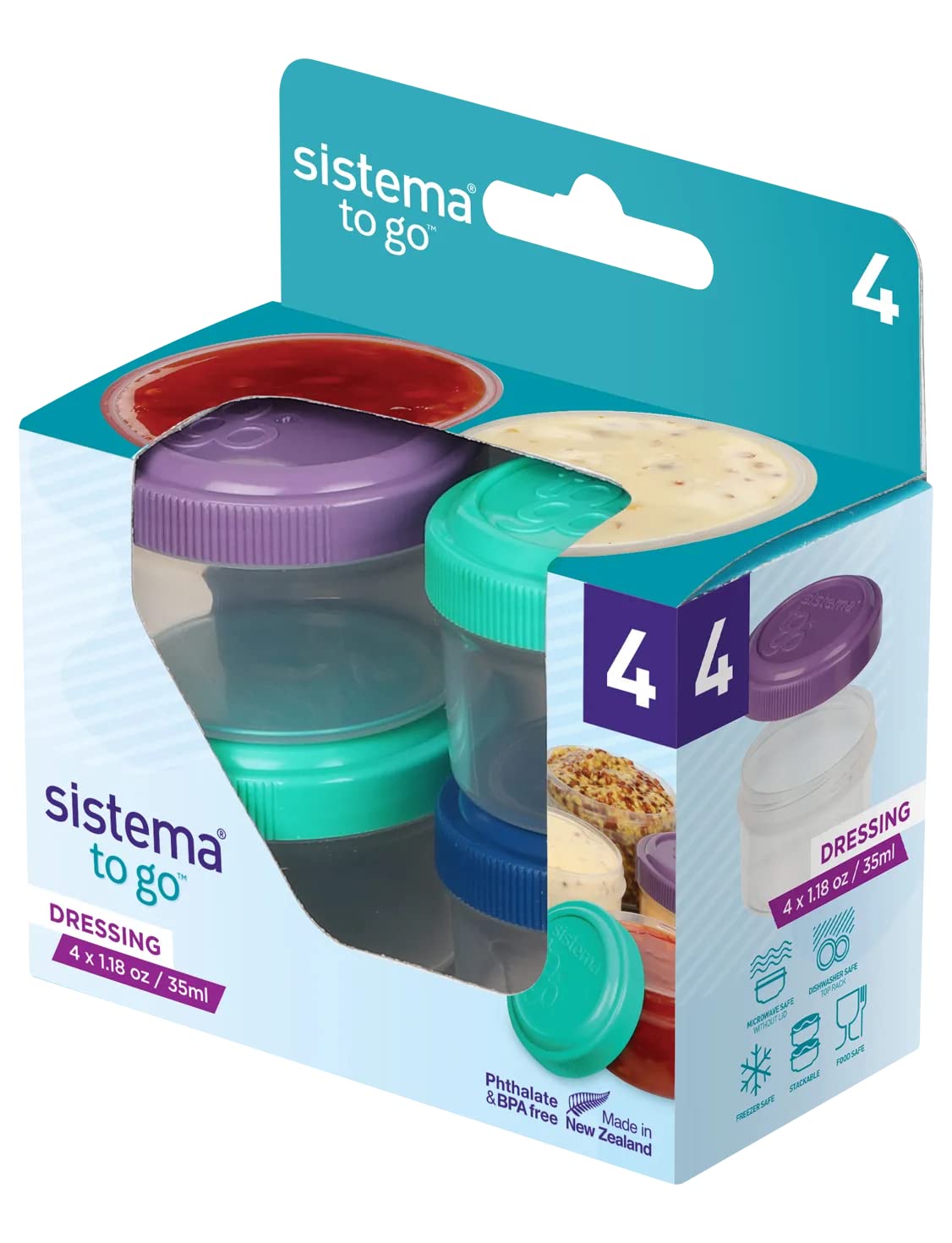 Sistema Dressing To Go Containers Set of 4, Pink, Green, Purple & Blue - H3.74 x W1.89 x D 2.79 inches