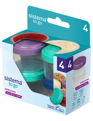 Sistema Dressing To Go Containers Set of 4, Pink, Green, Purple & Blue - H3.74 x W1.89 x D 2.79 inches