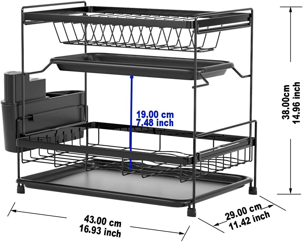 Belvery Dish Drying Stand With Drainer Belvery 2 Tiers Large Kitchen Dish Rack with Removable Cutting Board Holder Utensil Holder and Cup Holder Baking Paint Process Coatings Dish Drainer