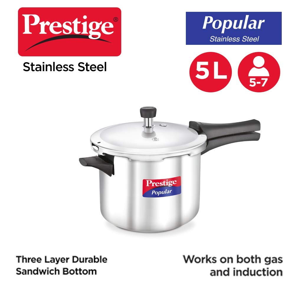 Prestige Popular 5 Ltr Pressure Cooker|Stainless Steel Induction Compatible Cooker|4.5 mm Thick Alpha Base|Sturdy Handles MPP20652 Silver