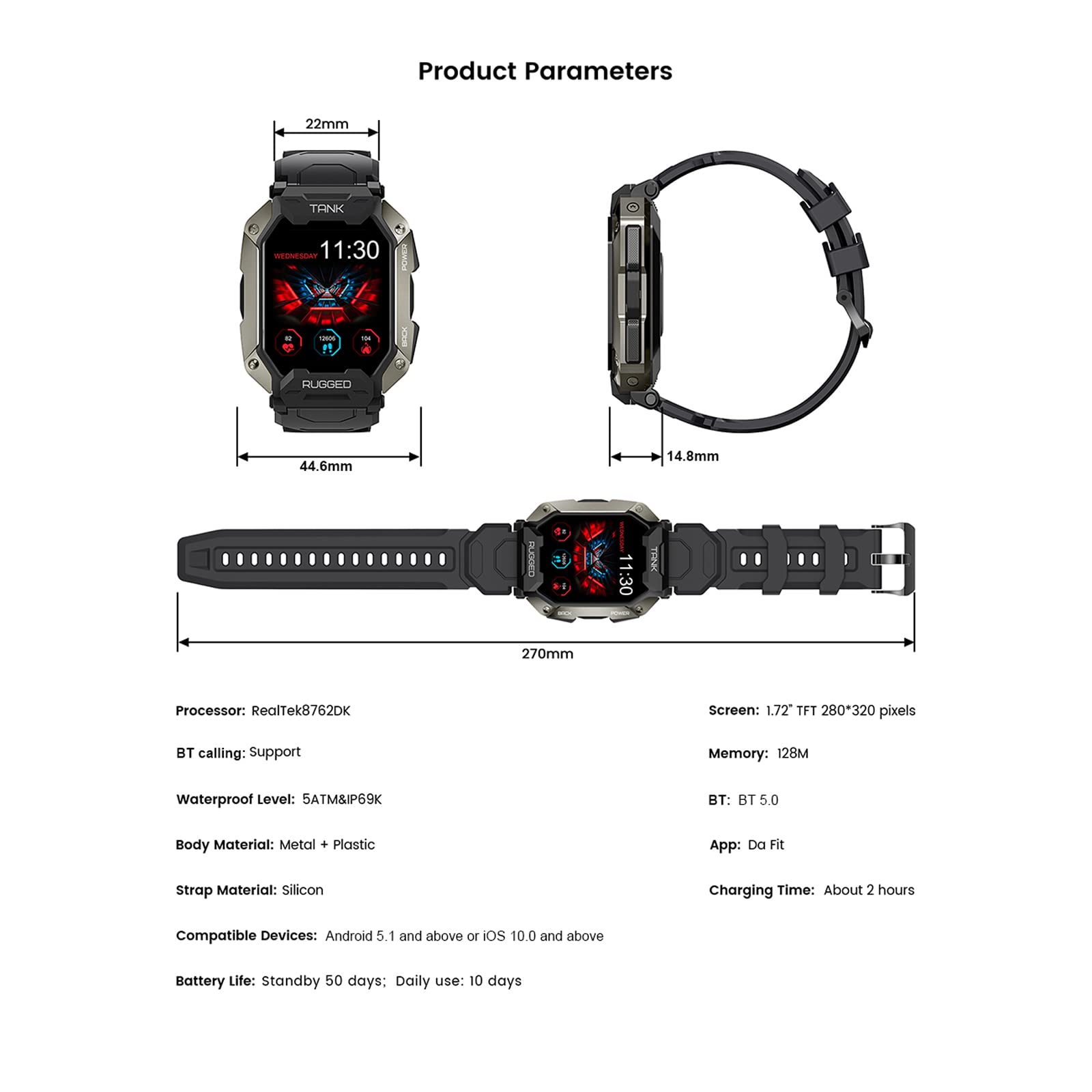 Outdoor Sports Rugged Smartwatch 1.72'' 280 * 320px Full-touch Screen Tough Body Call/Music 5ATM&IP69K Waterproof 24H 50 Days Standby 24 Sports Modes, Bluetooth