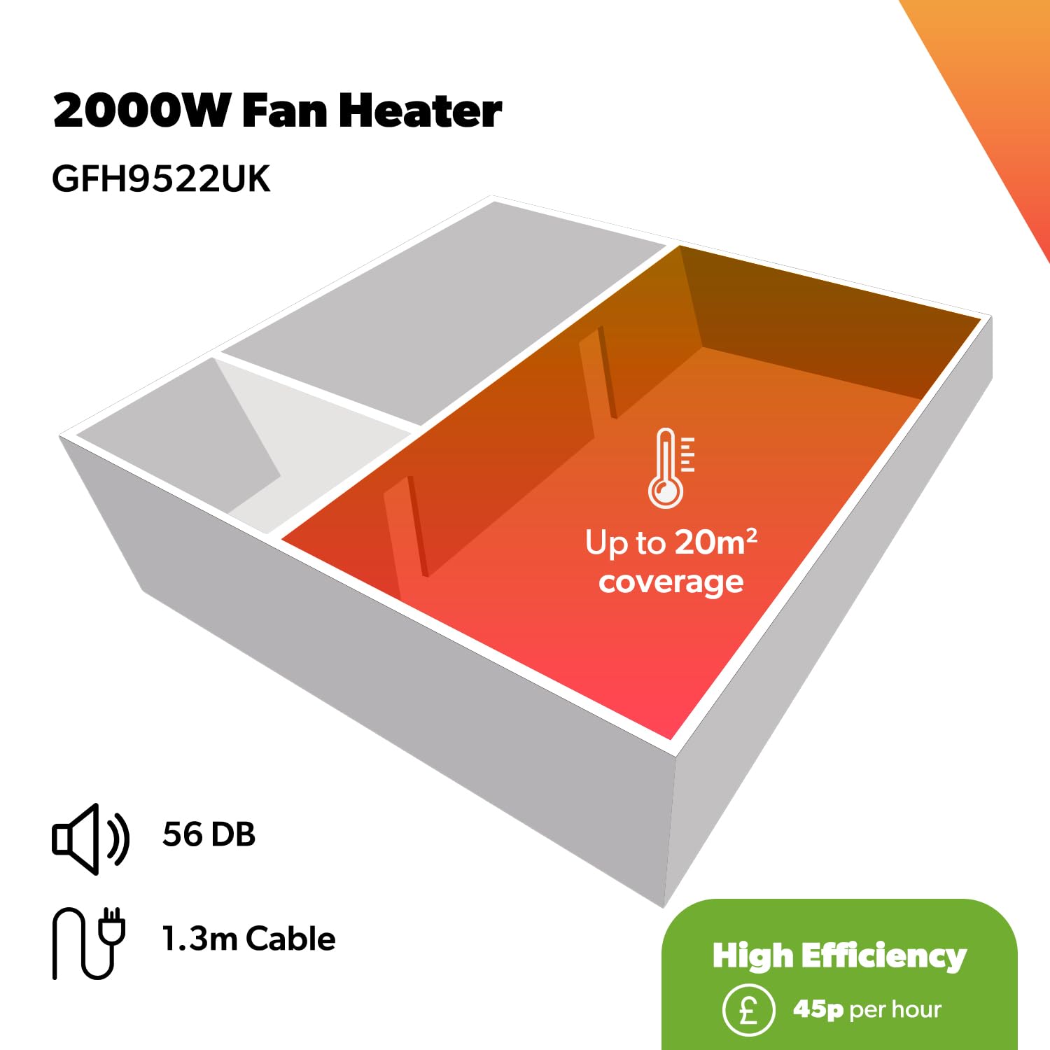 Geepas Portable Flat Fan Heater – Upright or Flatbed, Adjustable Thermostat with 2 Heat Settings 1000-2000W & Overheat Protection - Lightweight Heater with Cool, Warm & Hot Wind