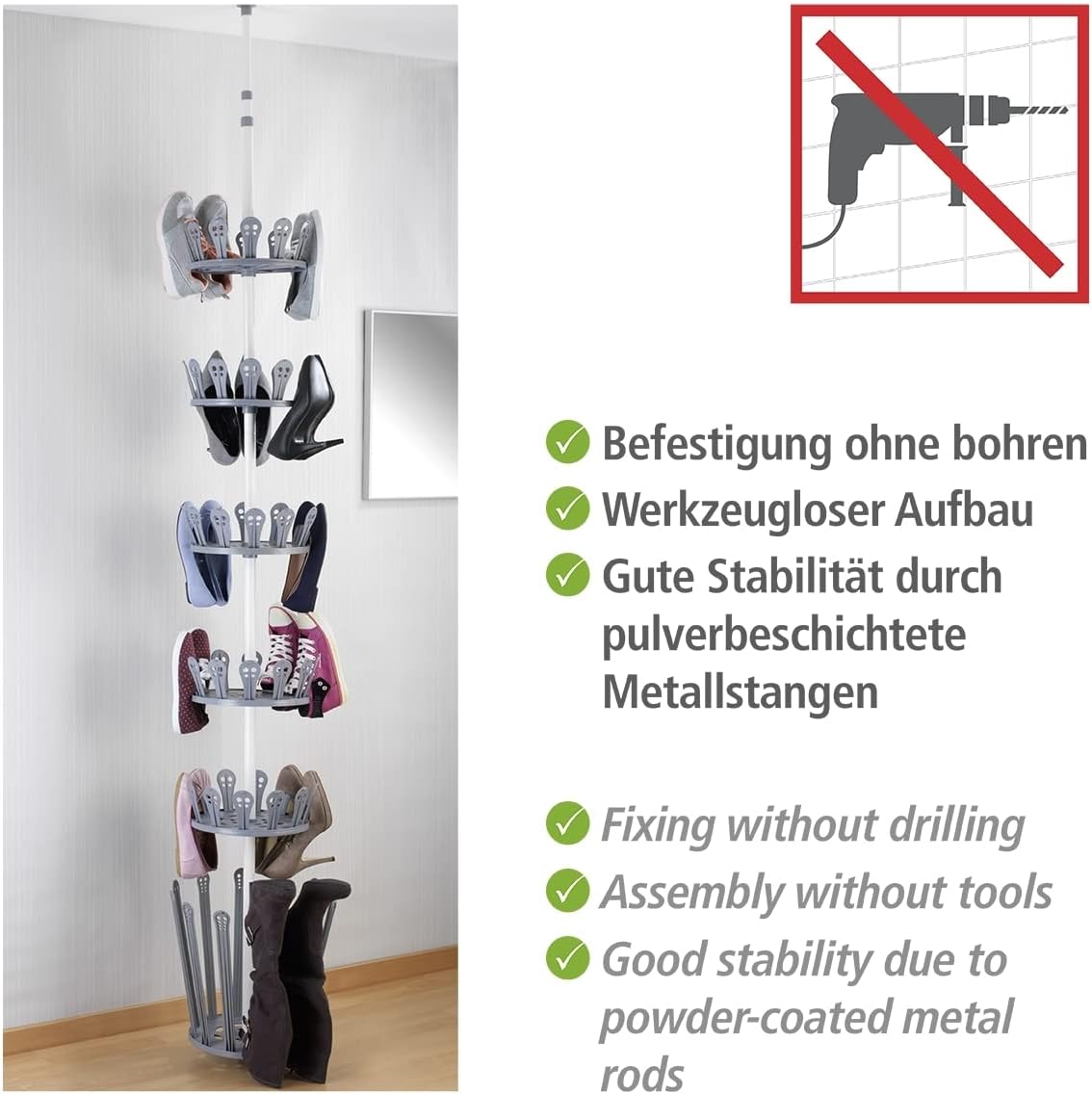 WENKO Telescopic Shoe Rack Achilles, Powder-Coated Metal, 6-Tier Adjustable Footwear Storage, Home & Bedroom Space Saver, 30x100-300x30cm, White