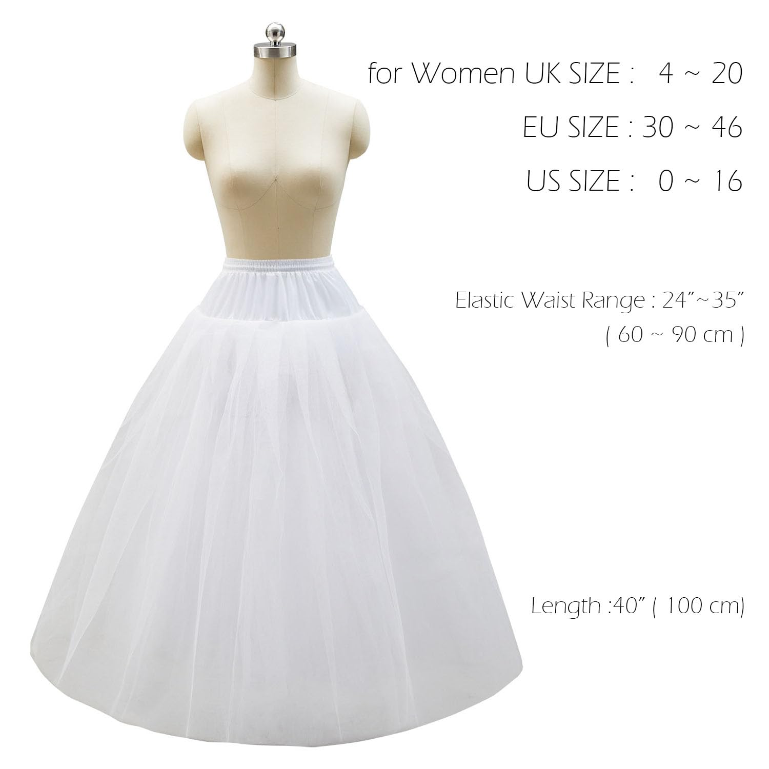 Aprildress A-line Hoopless Petticoat Crinoline Underskirt, White, Size One Size