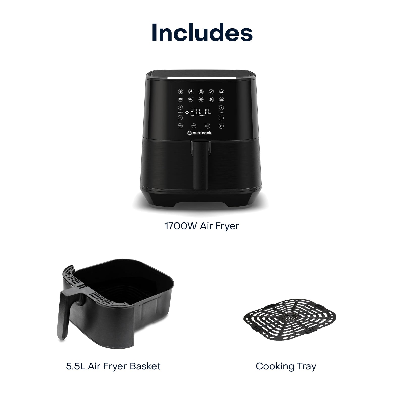 Nutricook Air Fryer 2, 1700 Watts, Digital Control Panel Display, 10 Preset Programs With Built-In Preheat Function, 5.5 Liter Black, Af205K