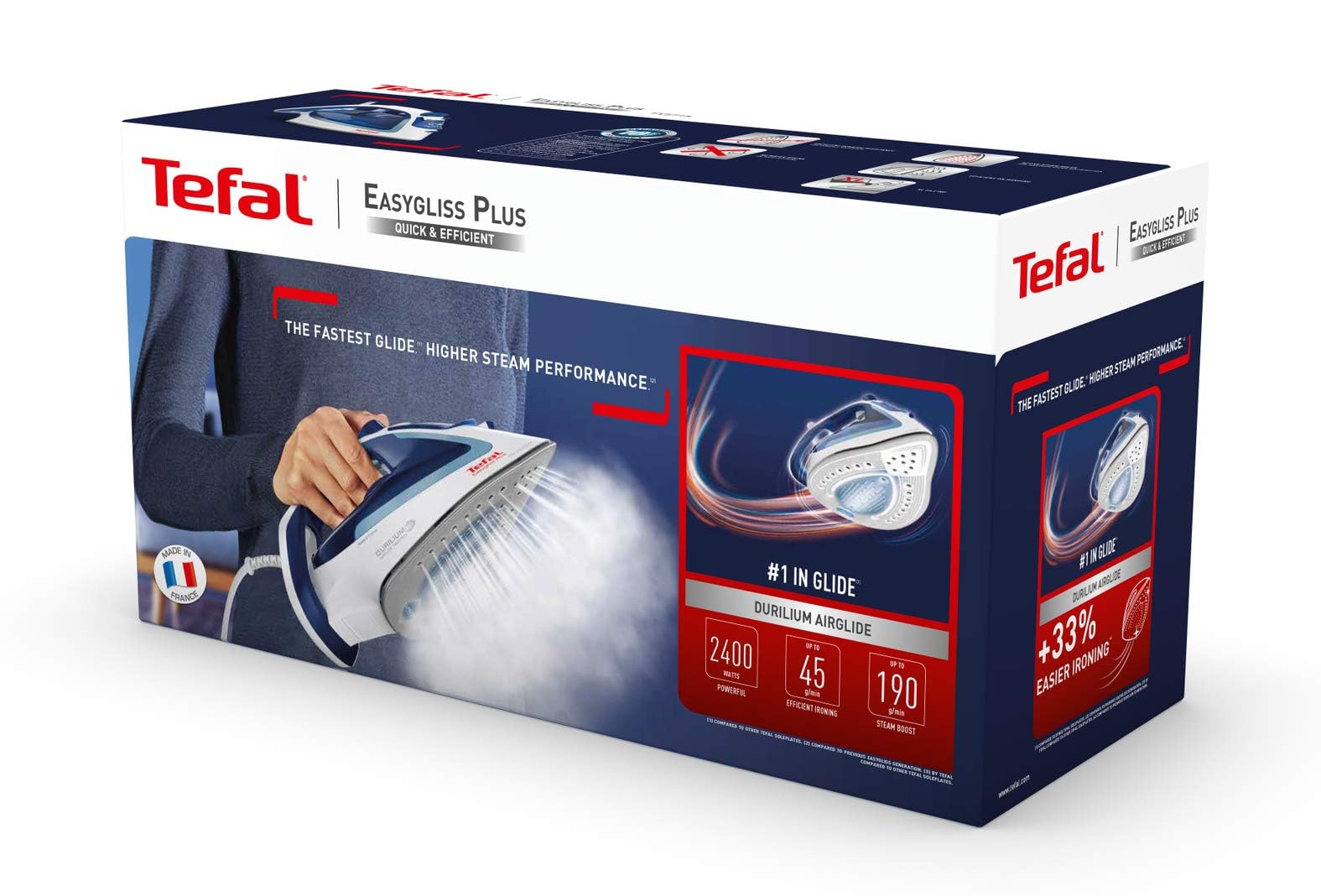 Tefal Easygliss Durilium Airglide Soleplate Steam Iron, 2400 Watts, Blue/White, FV5715M0