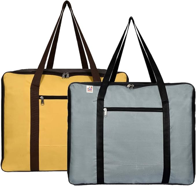 Fun Homes Large Size Foldable Travel Duffle Bag, Underbed Storage Bag, Wardrobe organizer (Yellow & Grey)-Pack of 2