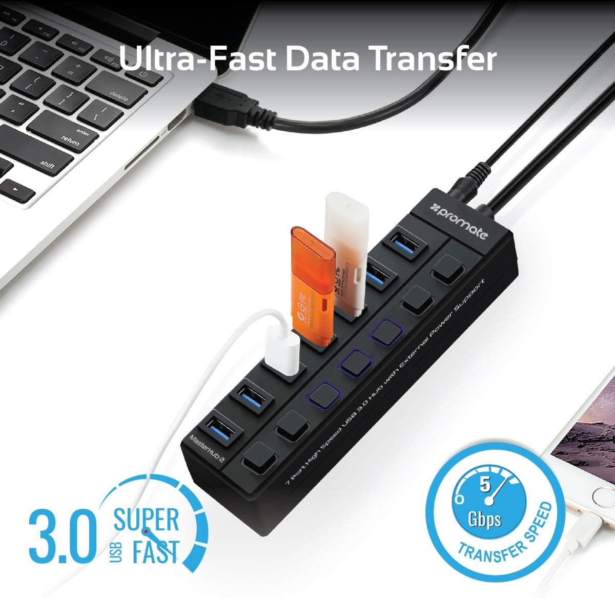 Promate USB Hub 3.0, Premium 7 Port USB 3.0 Data Hub with 5V/2A Power Adapter, 1m USB Cable, 5 Gbps Transfer Speed, Individual On/Off Switches and LEDs Included for PC, MacBook, MasterHub-2