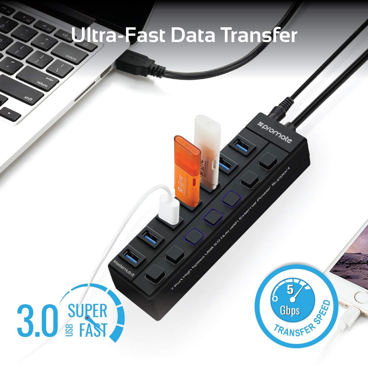 Promate USB Hub 3.0, Premium 7 Port USB 3.0 Data Hub with 5V/2A Power Adapter, 1m USB Cable, 5 Gbps Transfer Speed, Individual On/Off Switches and LEDs Included for PC, MacBook, MasterHub-2