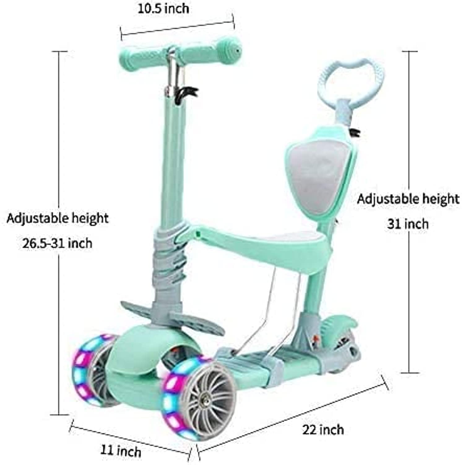 SHINEDOWN Kids 3 Wheel Scooter,Adjustable Height Kids Scooter,Lean to Steer with Extra-Wide PU LED Light Up Wheels,For Boys & Girls from 2 Years Old and Up (Green with Handle)