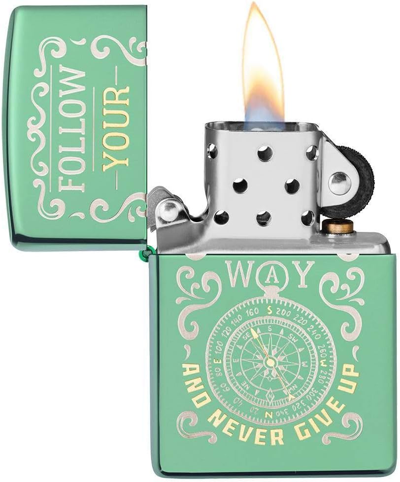 Zippo Follow Your Way Compass Design High Polish Windproof Lighter, Green, One Size