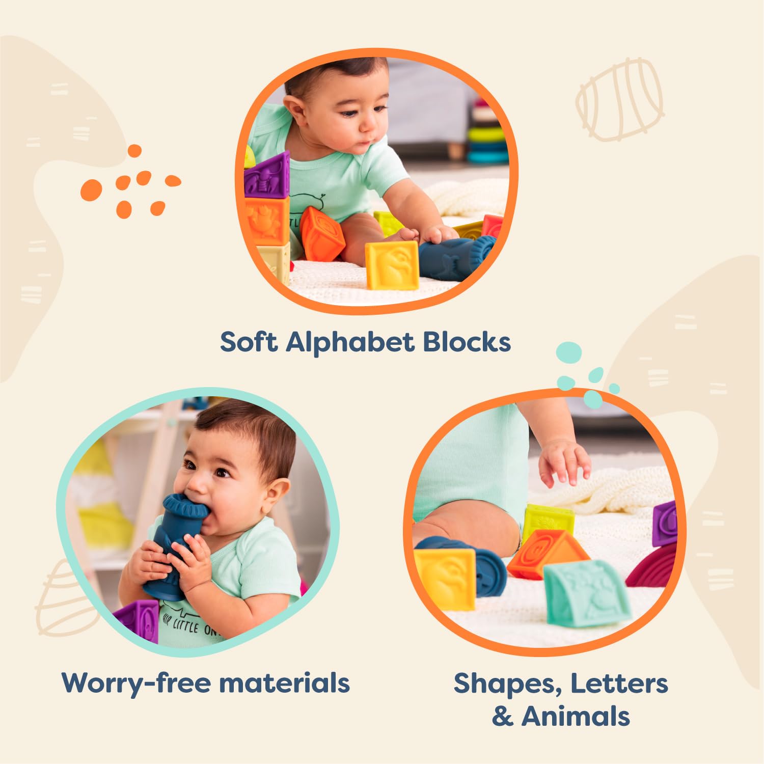 B. toys - Elemenosqueeze Baby Blocks - 26 Stacking Blocks with Shapes, Numbers, Animals & Textures - BPA-Free Soft Blocks for Babies 6m+ (26 pcs)