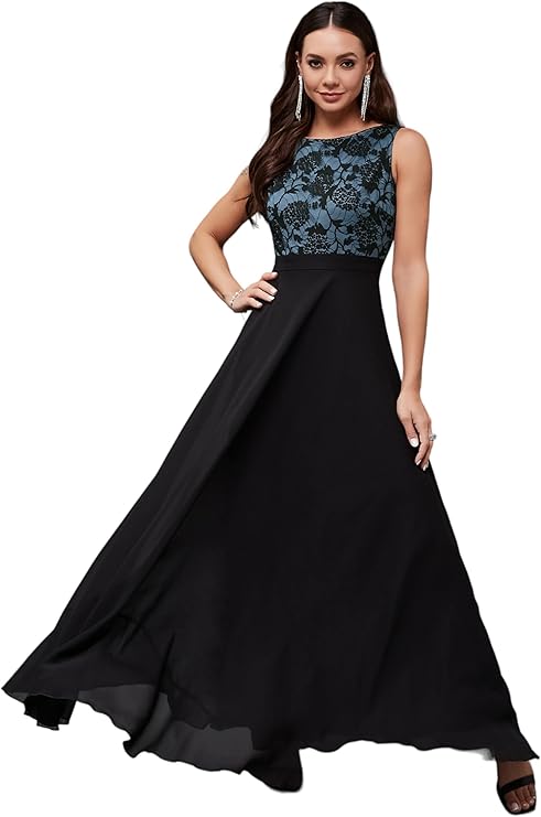 Miss Olive Women's Georgette Fit and Flare Maxi Dress (MOAW19D08-57-102_Blue & Black_S)