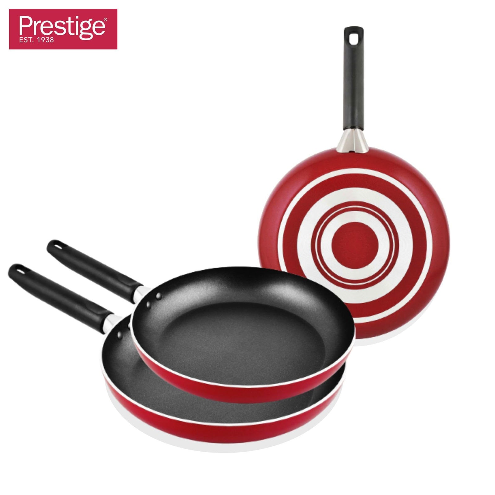 Prestige Aluminum Non- Stick Fry Pan Set, 3 Pieces, Red