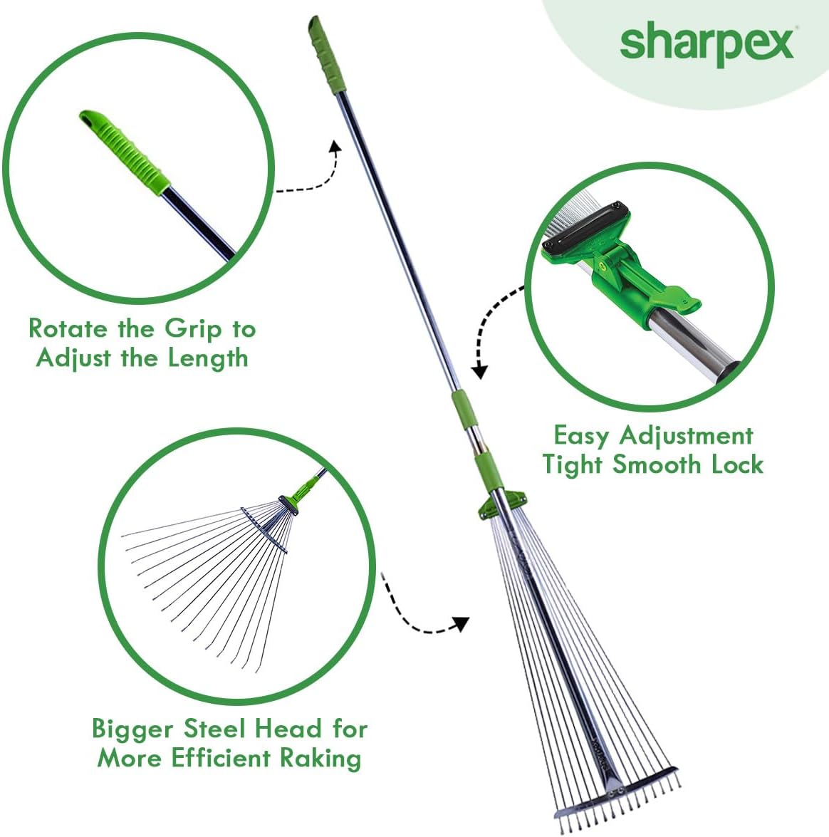 Sharpex Telescopic Metal Rake, Adjustable Rake for Quick Clean Up of Lawn and Yard, Garden Leaf Rake, Expanding Handle with Adjustable 31 to 64 Inch Width Folding Head (AR-FBA)