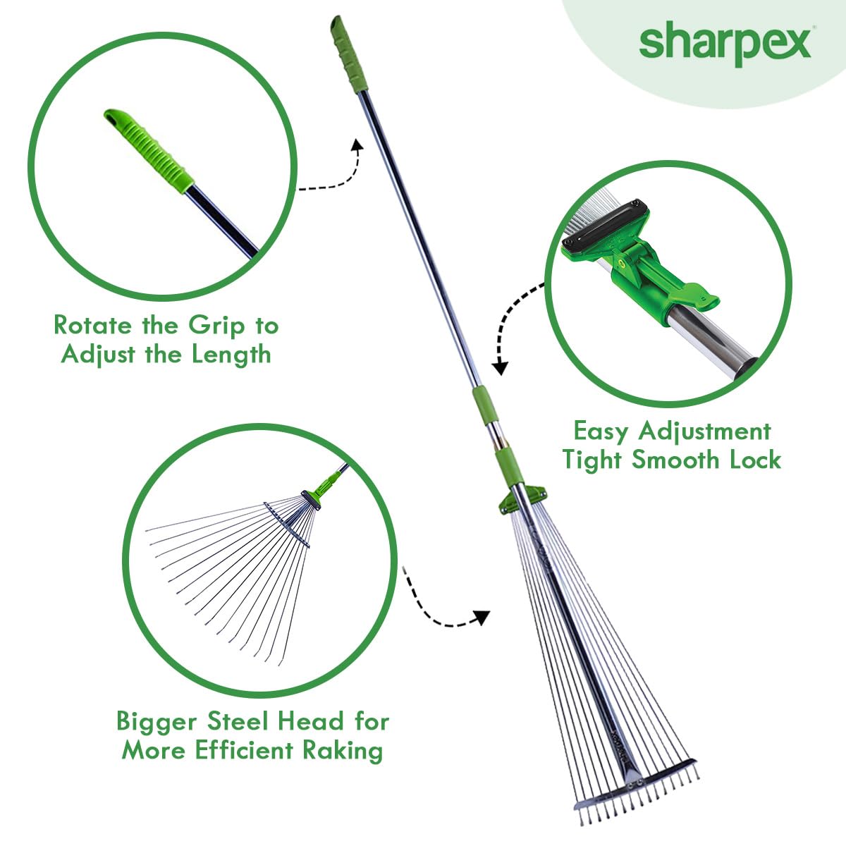 Sharpex Telescopic Metal Rake, Adjustable Rake for Quick Clean Up of Lawn and Yard, Garden Leaf Rake, Expanding Handle with Adjustable 31 to 64 Inch Width Folding Head (AR-FBA)