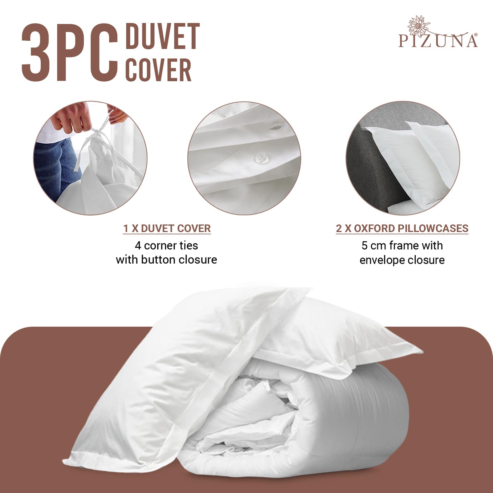 Pizuna Pure Combed Cotton King Duvet Cover 260x220 cm, White, 400 Thread Count Cool Breathable 100% Long Staple Cotton Sateen Weave Quilt Cover with 2 Pillowcases (Cotton Bedding Set)