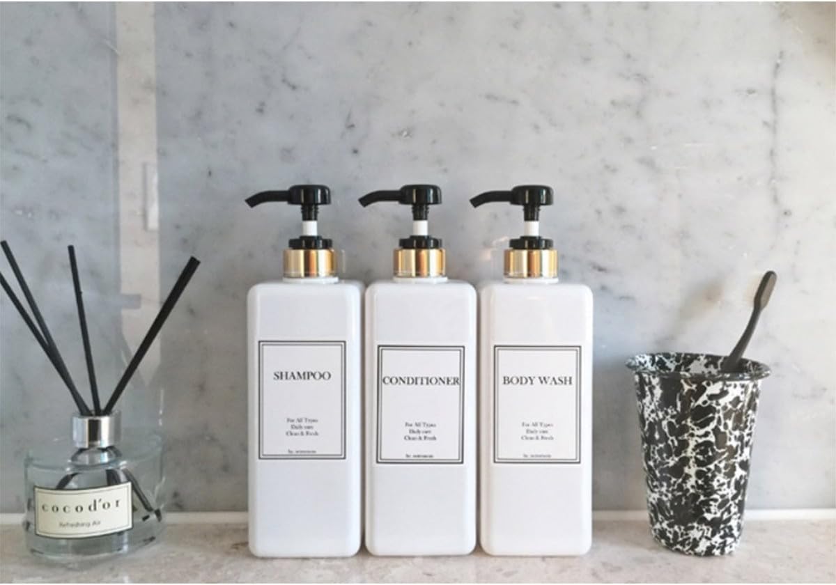 HARRA HOME Modern Gold Design Pump Bottle Set 27 oz Refillable Shampoo and Conditioner Dispenser Empty Shower Plastic Bottles with Pump for Bathroom Lotion Body wash Massage Oils, Pack of 3 (Black)