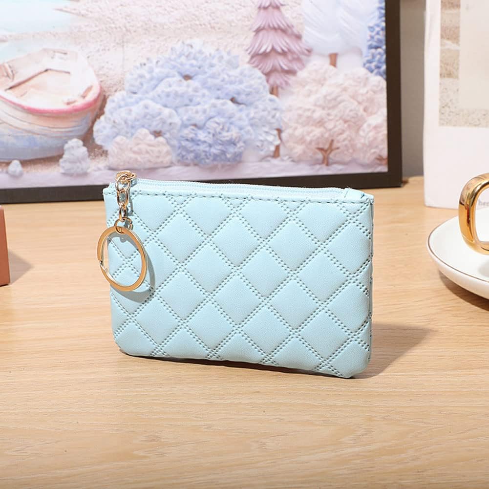 Premium Genuine Full Grain Leather Mini Coin Purse Keychain Pouch for Men  Women - Small Quilted Blocking Top Zipper Wallet with Key Chain