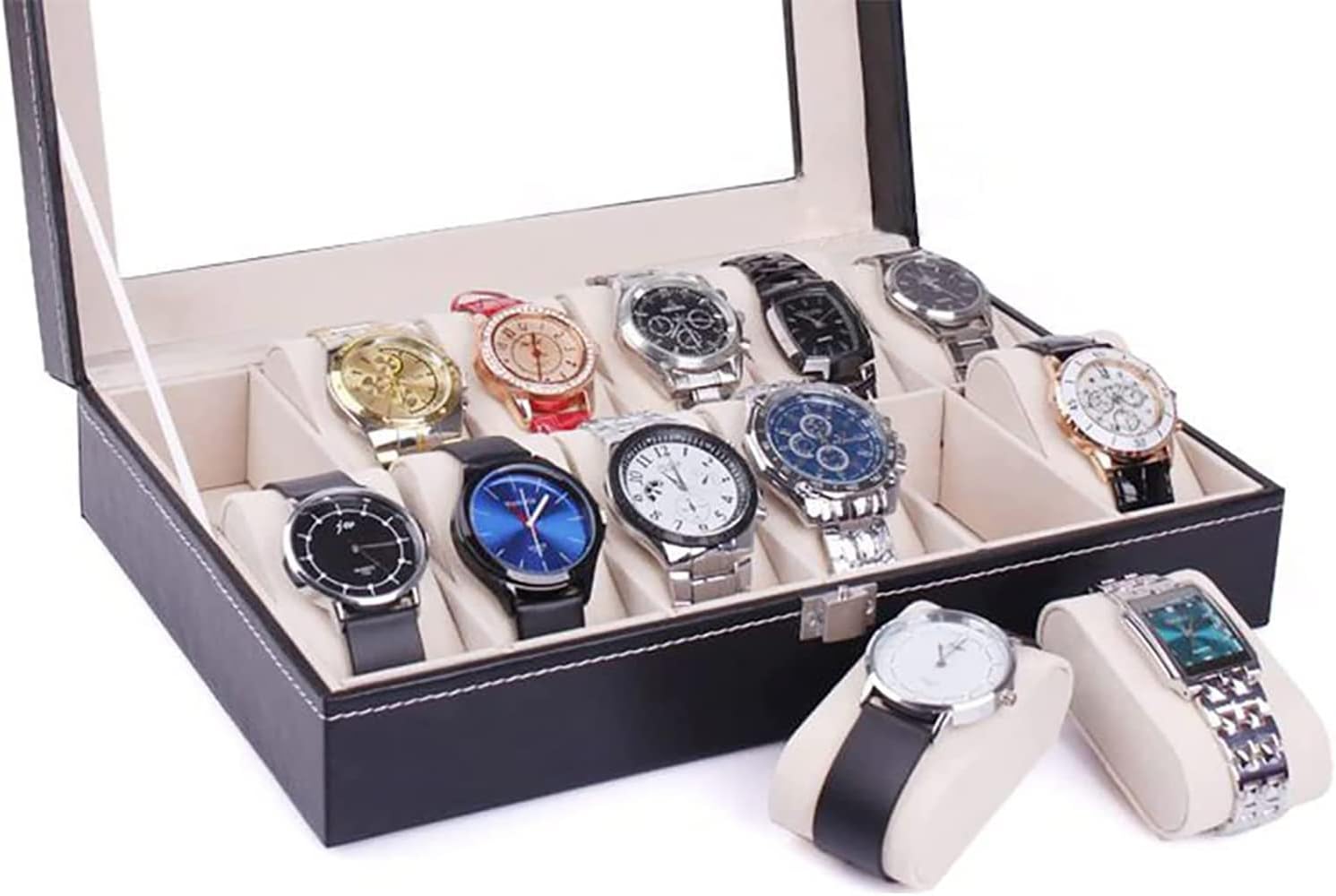 SKY-TOUCH 12 grid watch box，PU Leather Watch Case Watch Box for Men and Women，Watch Display Case with Glass Lids，Watch Box as Gift for Valentines Day Birthday Black ‎31.5 x 22.5 x 11.2 cm