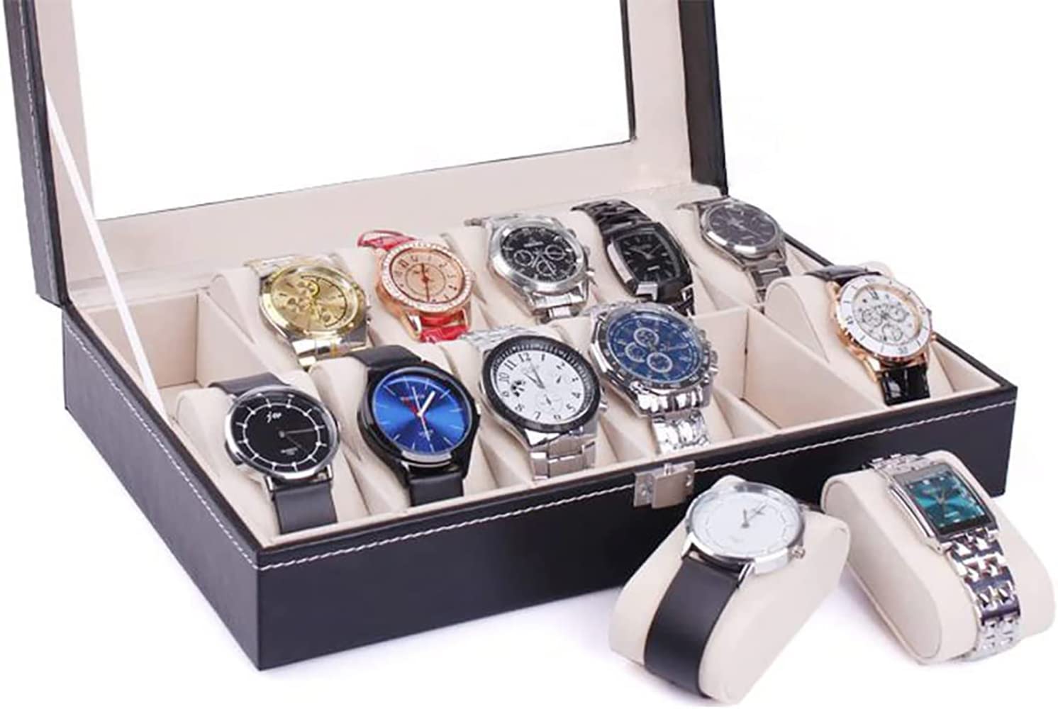 SKY-TOUCH 12 grid watch box，PU Leather Watch Case Watch Box for Men and Women，Watch Display Case with Glass Lids，Watch Box as Gift for Valentines Day Birthday Black ‎31.5 x 22.5 x 11.2 cm