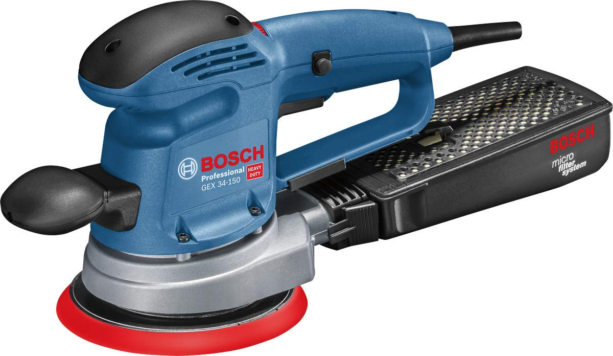 Bosch Professional 601372870 random orbit sander GEX 34-150 (240 V, incl. sanding disc dia. 150 mm, C470 sheet for wood, extraction adapter, in cardboard box)